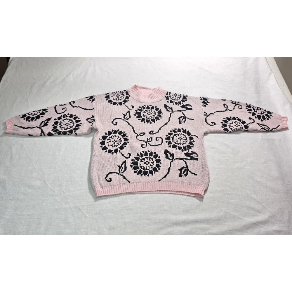 Vtg Stefano Sweater Womens Medium Coquette Pastel Pink Sunflower Knit Mock Neck